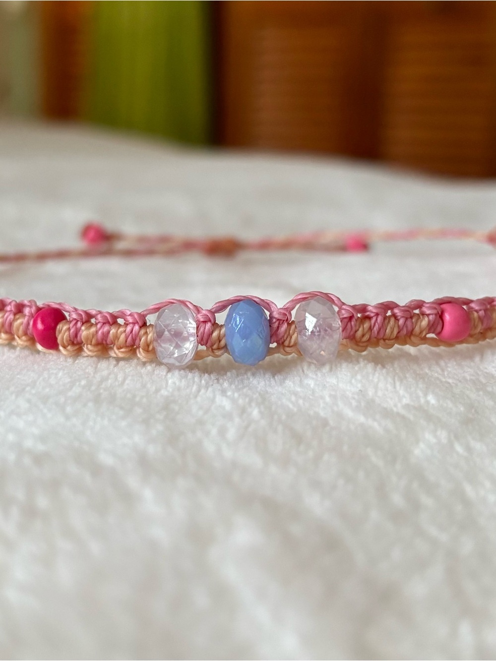 Woman Pink Beaded Friendship Bracelet with Blue Accent. Foot Bracelet